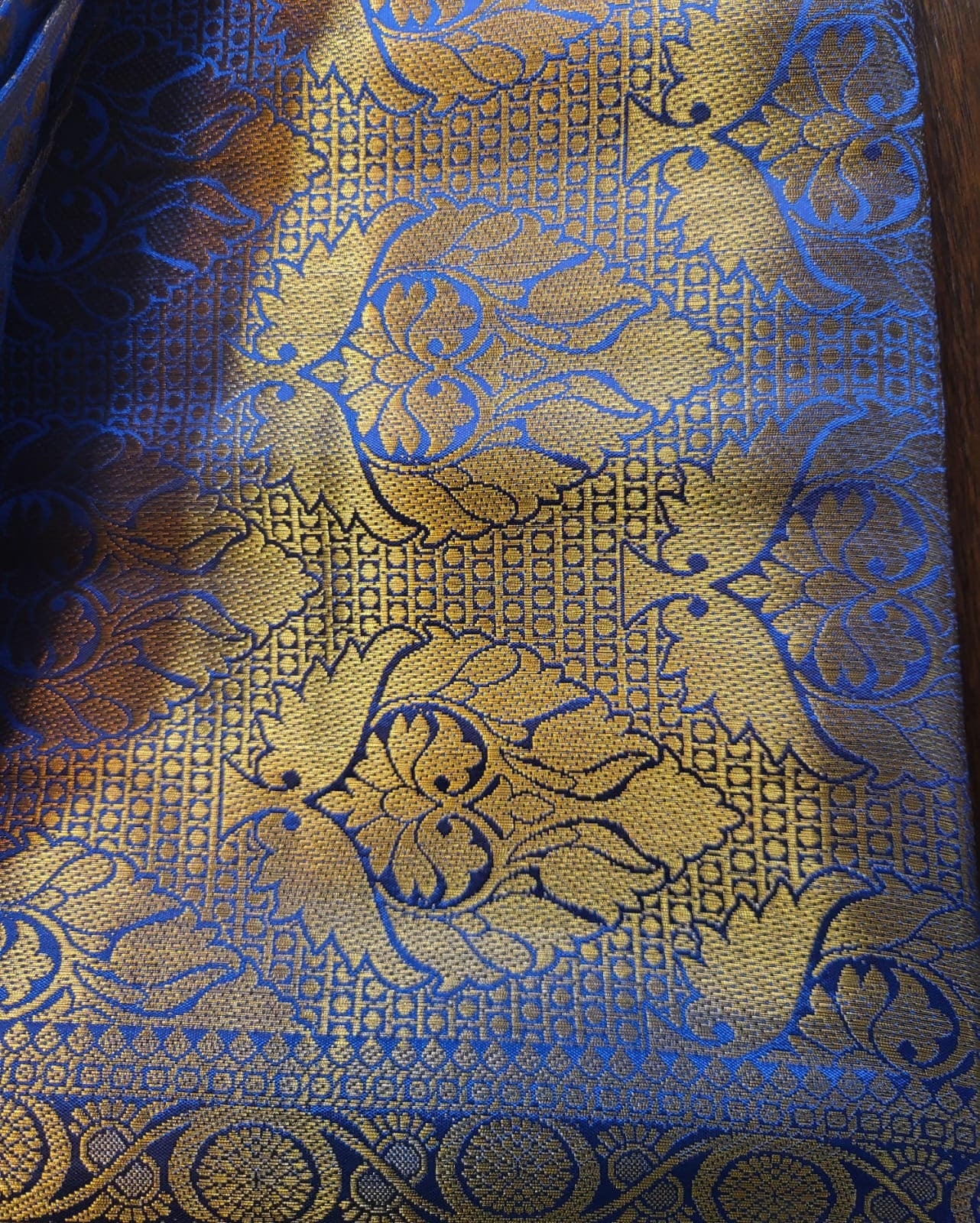 Dual Shade Blue & Golden Banarasi Brocade Saree . This elegant Sari is handmade and authentic . Perfect for weddings and celebrations