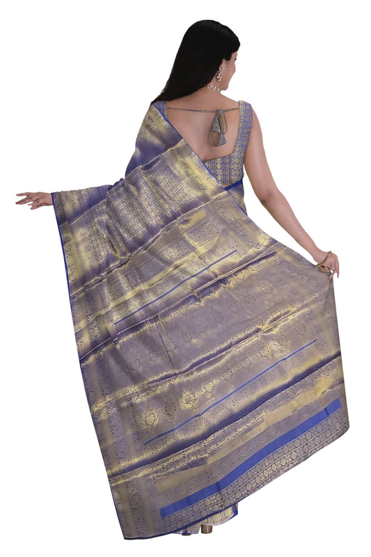 Dual Shade Blue & Golden Banarasi Brocade Saree . This elegant Sari is handmade and authentic . Perfect for weddings and celebrations