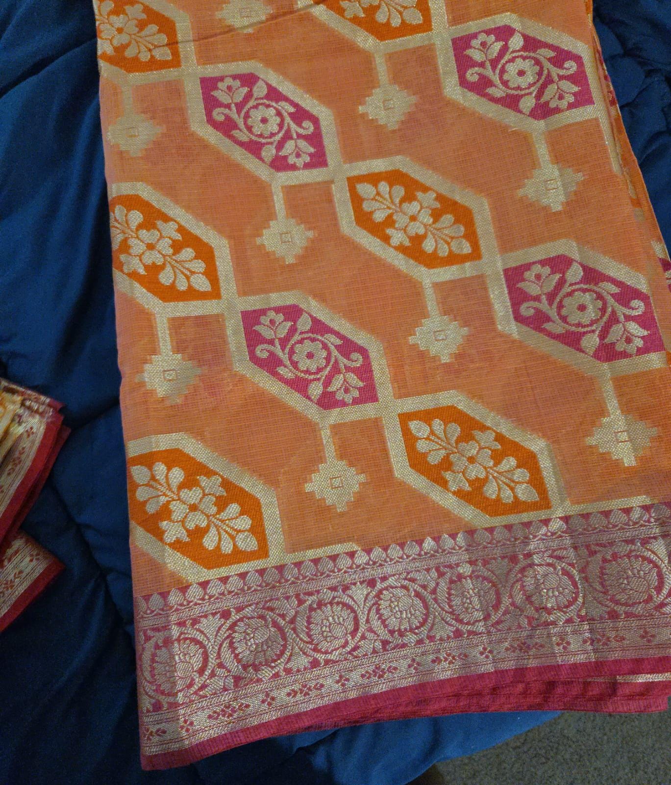 Handwoven Orange Kota Banarasi Saree | Festive & Wedding Wear | Zari Work with Matching Blouse piece Fall and pico done