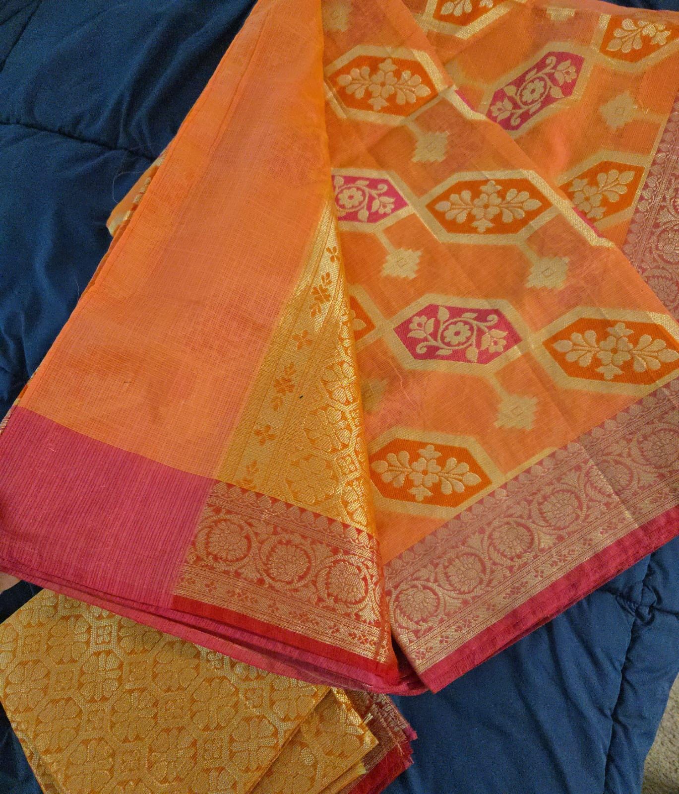 Handwoven Orange Kota Banarasi Saree | Festive & Wedding Wear | Zari Work with Matching Blouse piece Fall and pico done