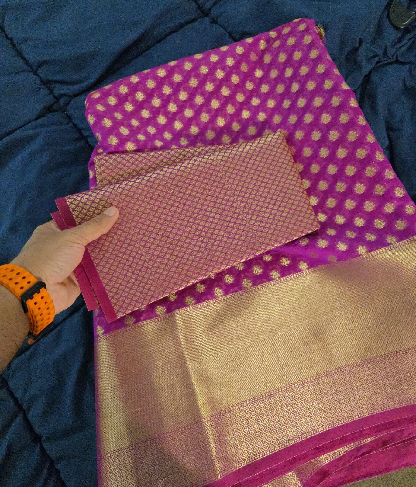 Pink and golden Banarasi Brocade Saree . This elegant Sari is handmade and authentic . Perfect for weddings and celebrations