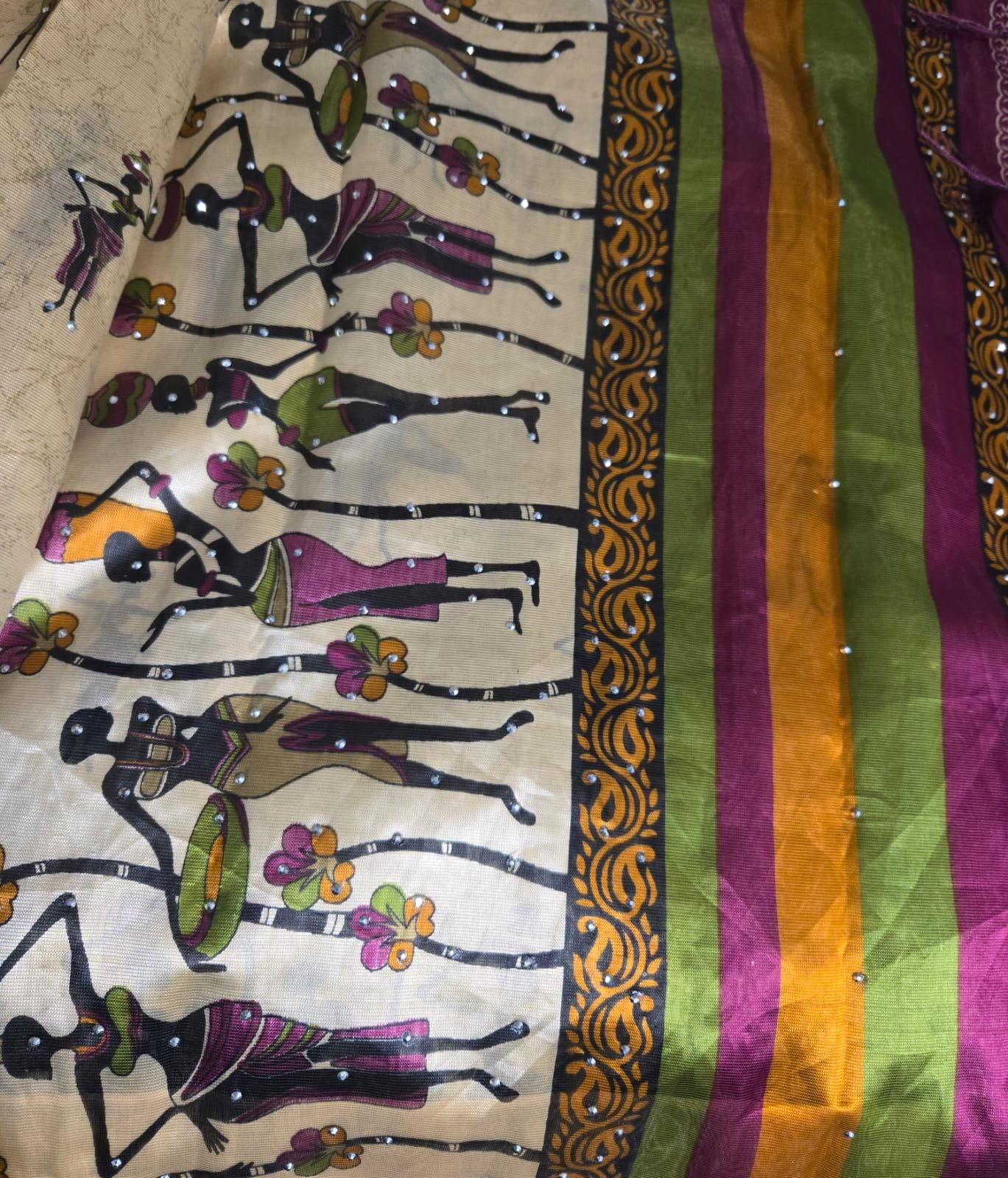 Tribal Art Print Fabric | African-Inspired Beige silk Blend | Ethnic Women saree