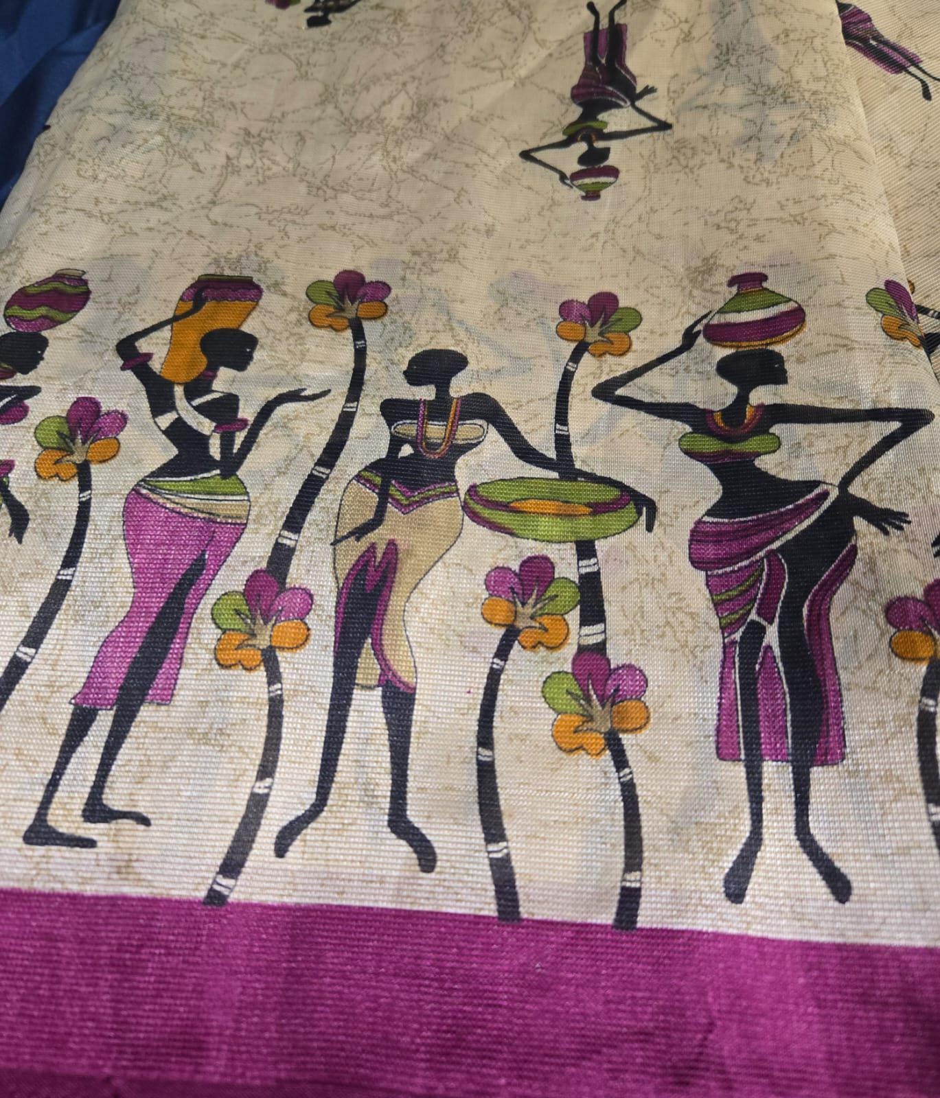 Tribal Art Print Fabric | African-Inspired Beige silk Blend | Ethnic Women saree