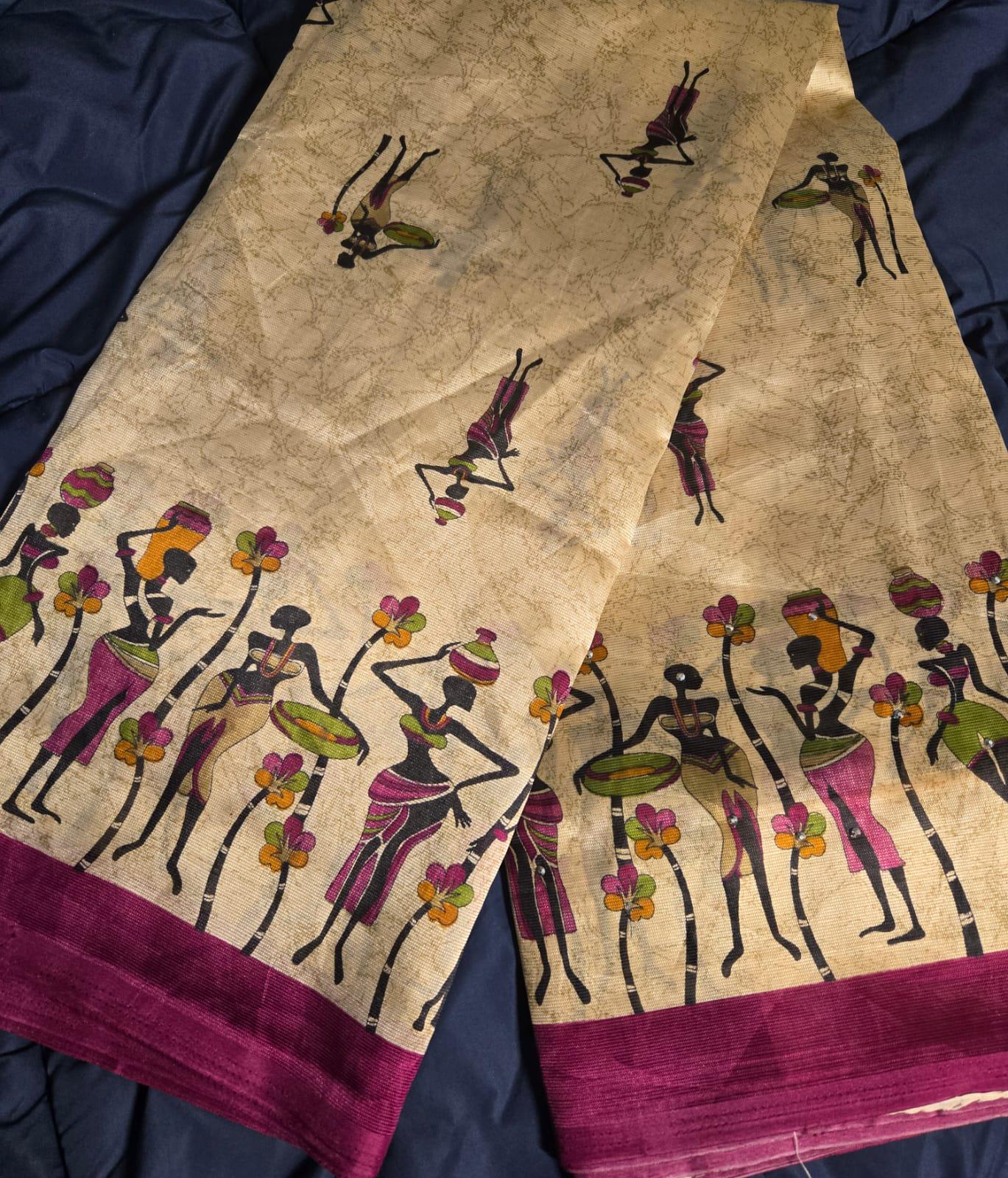 Tribal Art Print Fabric | African-Inspired Beige silk Blend | Ethnic Women saree