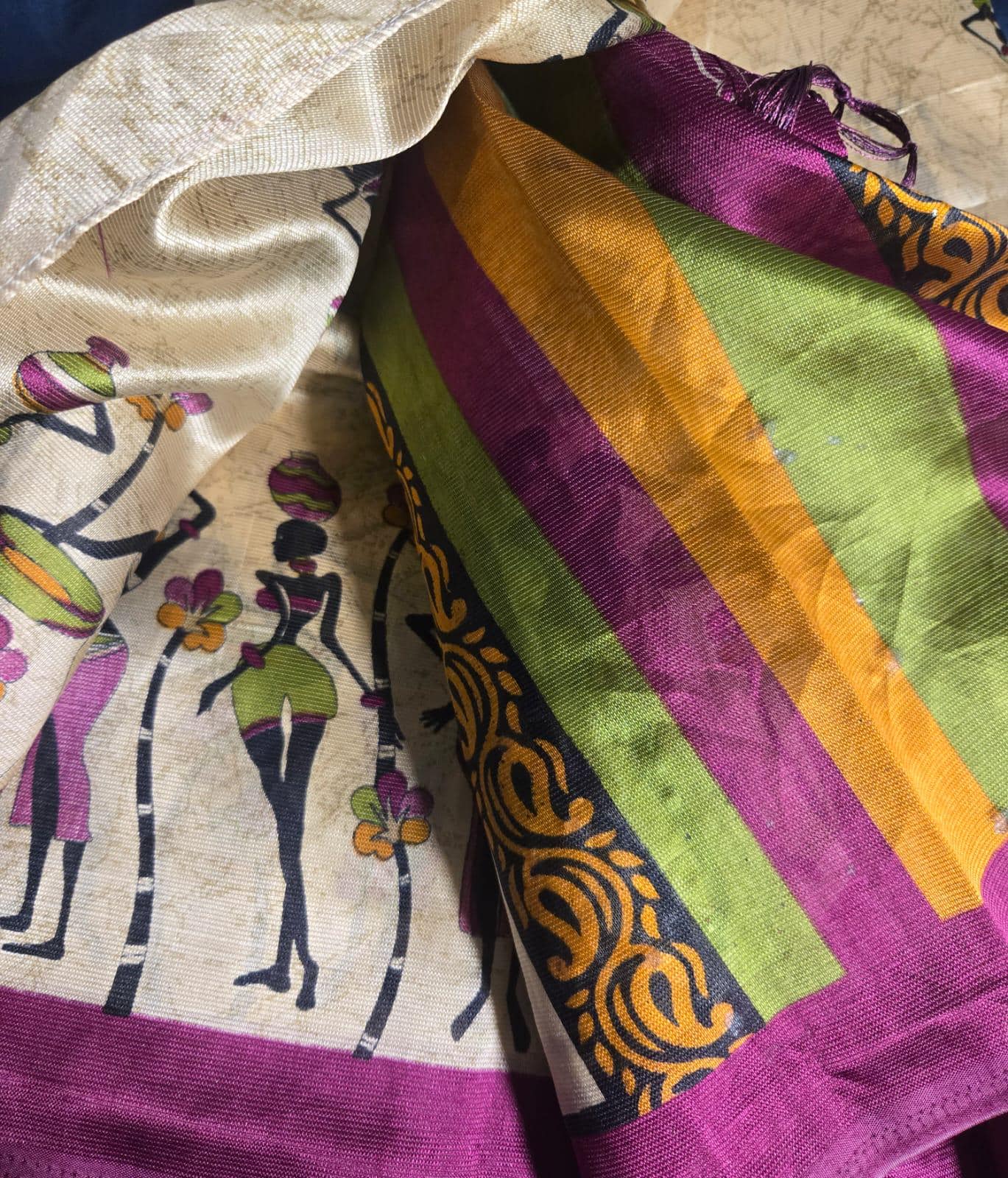 Tribal Art Print Fabric | African-Inspired Beige silk Blend | Ethnic Women saree