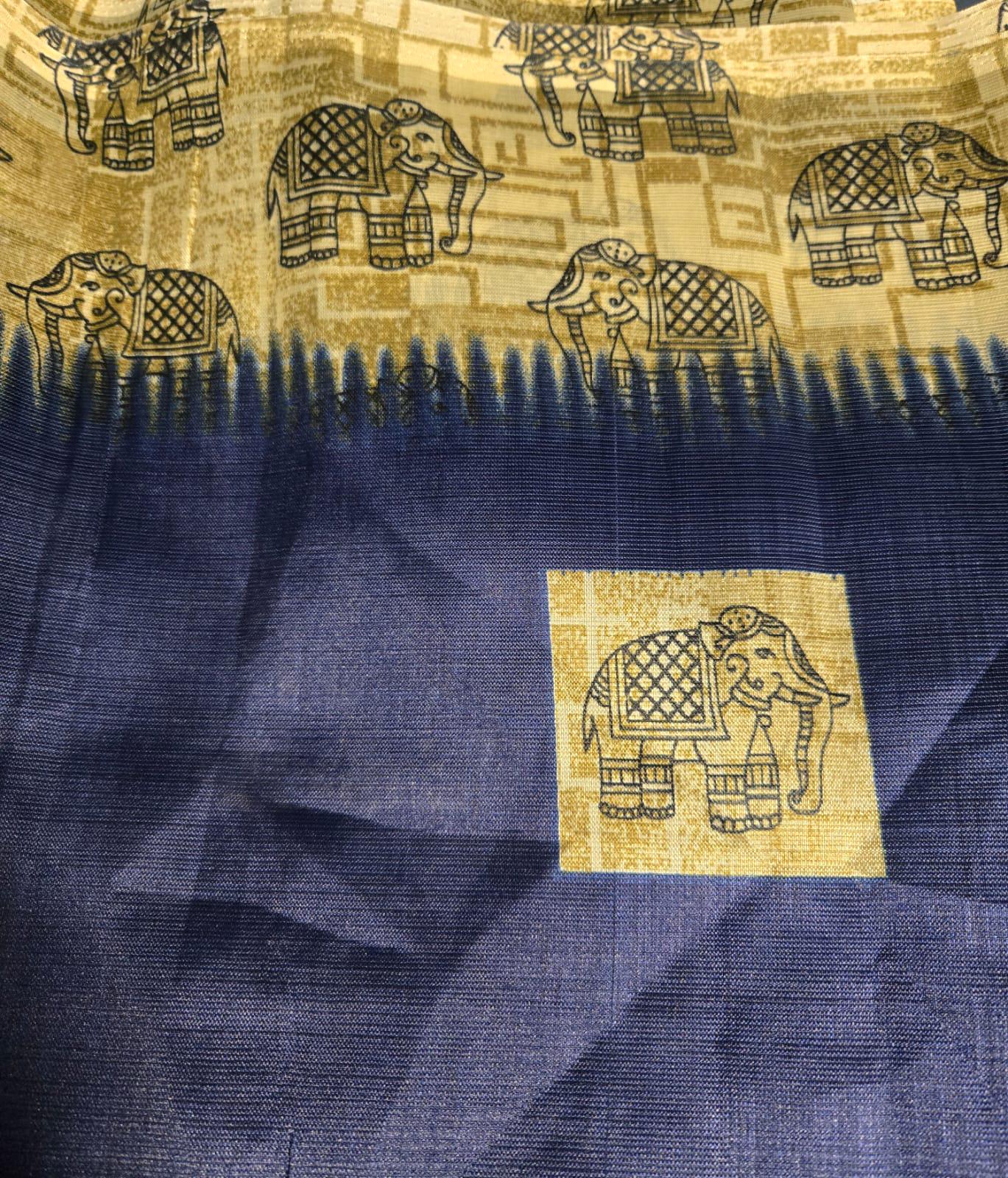 Navy Blue Soft Silk Saree with Golden Elephant Motif | Elegant Temple Border | Festive & Traditional Wear | Includes Blouse Piece