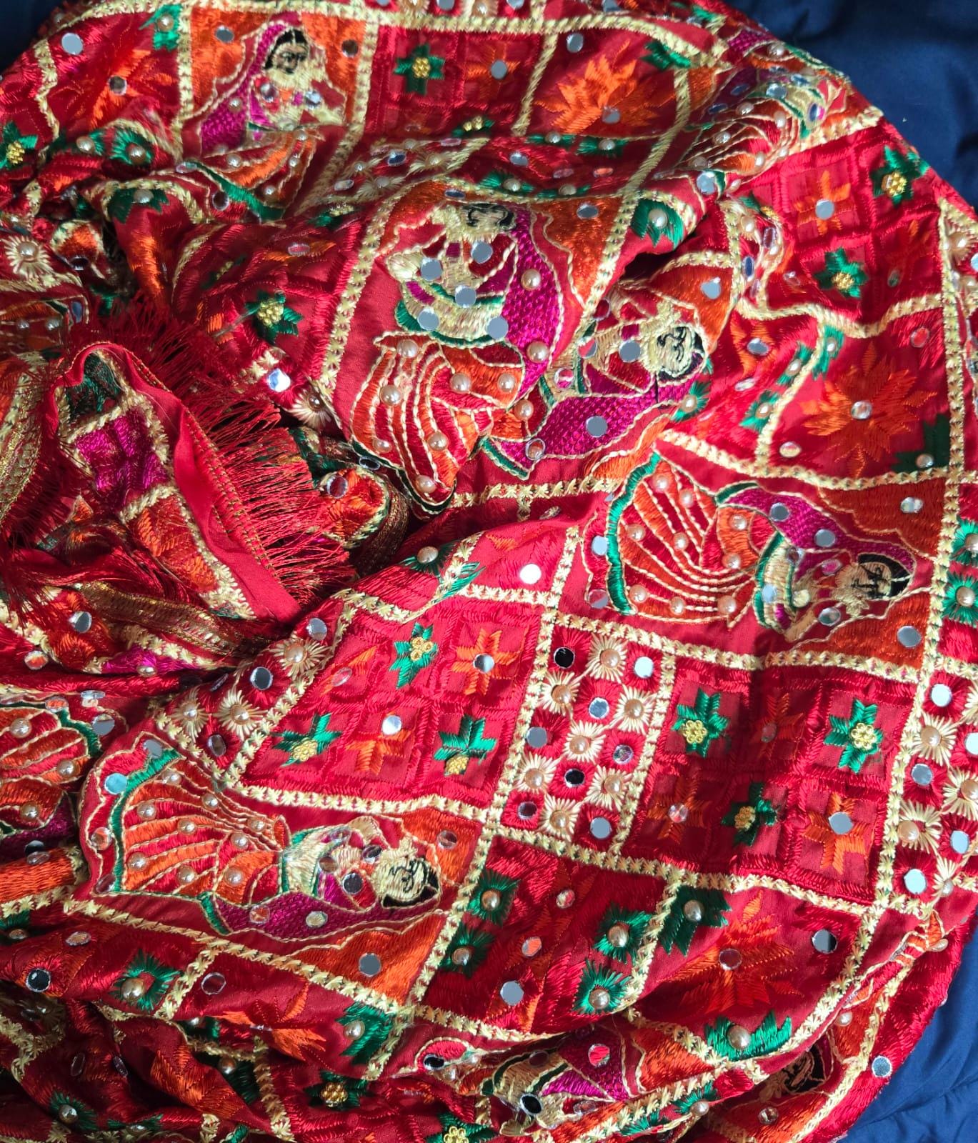 Handmade , Handwoven , Elegant vibrant & Authentic Multicolour Phulkari Dupatta / Indian Scarf. Hand embroidered . Pink orange red