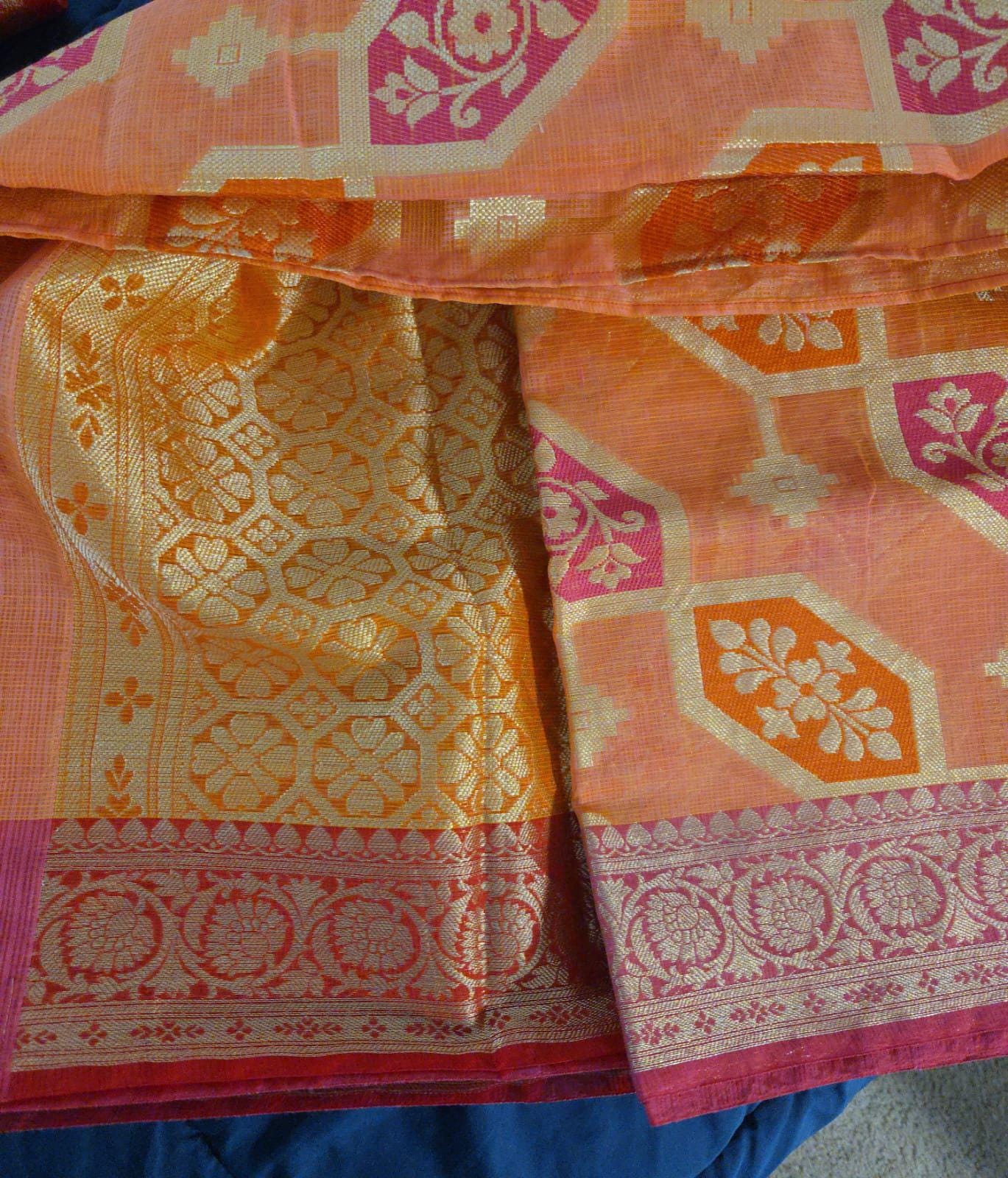 Handwoven Orange Kota Banarasi Saree | Festive & Wedding Wear | Zari Work with Matching Blouse piece Fall and pico done