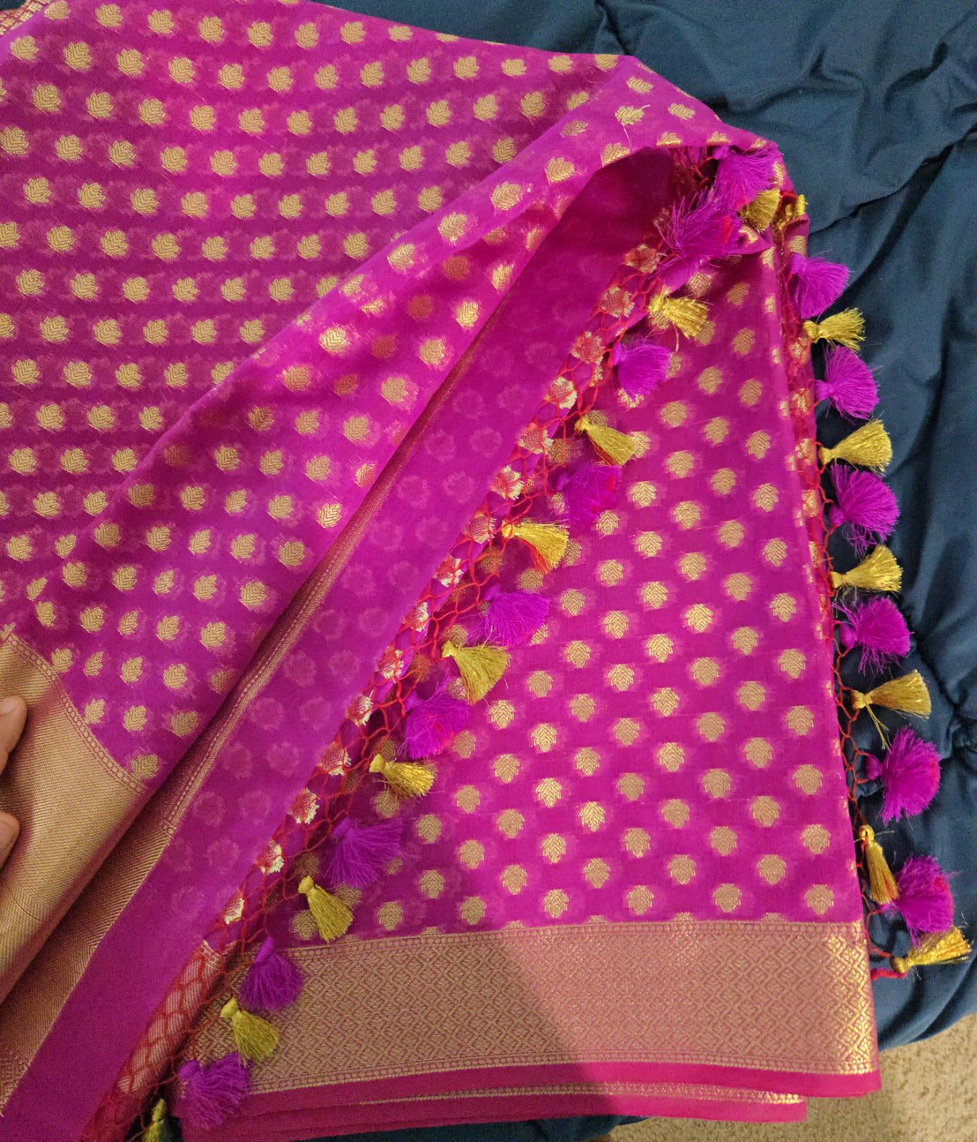Pink and golden Banarasi Brocade Saree . This elegant Sari is handmade and authentic . Perfect for weddings and celebrations