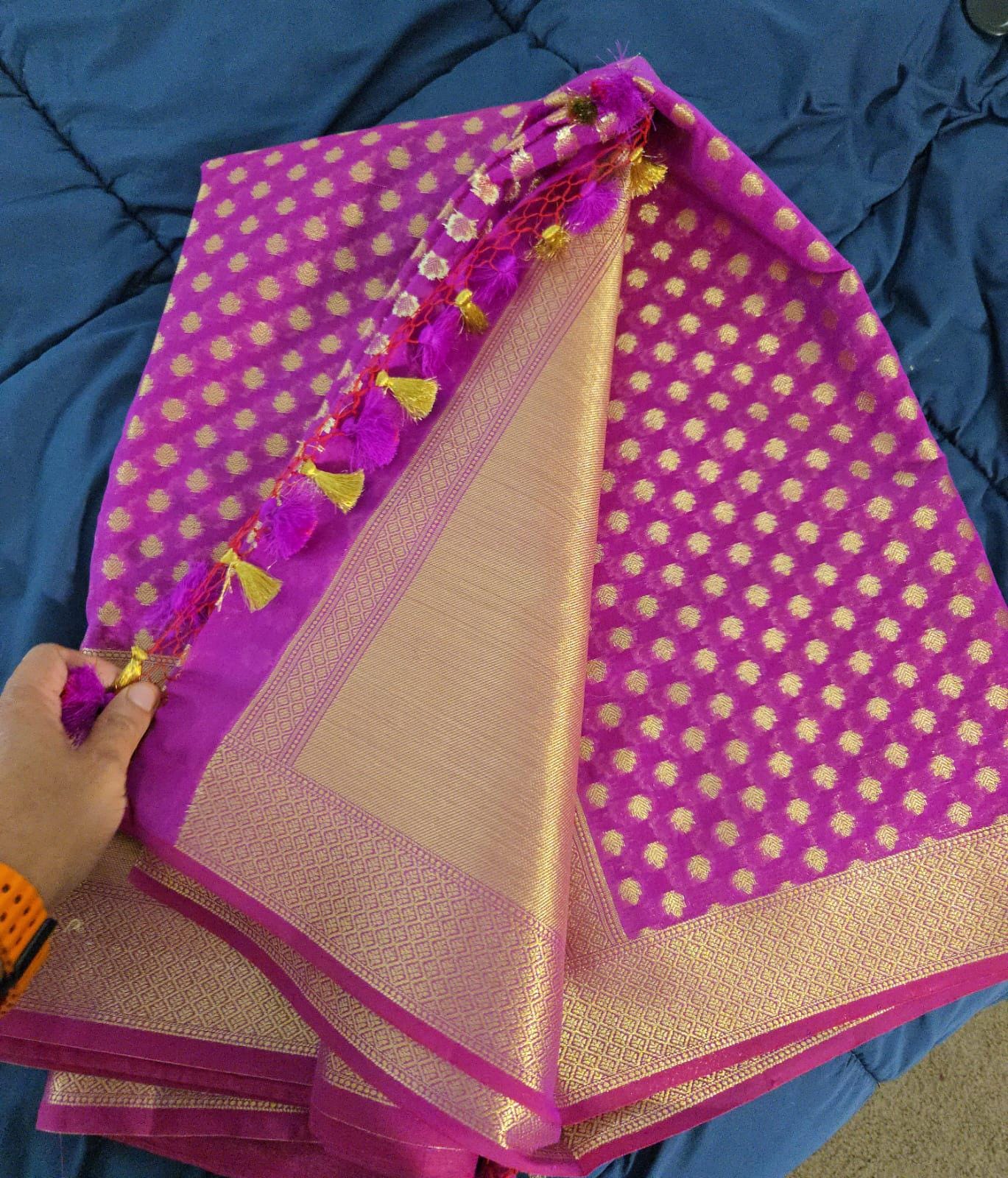 Pink and golden Banarasi Brocade Saree . This elegant Sari is handmade and authentic . Perfect for weddings and celebrations