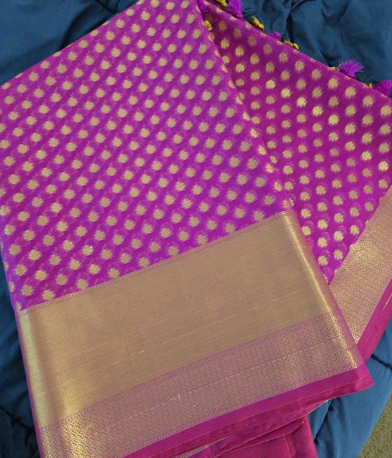 Pink and golden Banarasi Brocade Saree . This elegant Sari is handmade and authentic . Perfect for weddings and celebrations