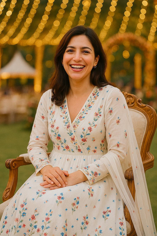 Dazzling white pure chiffon anarkali suit