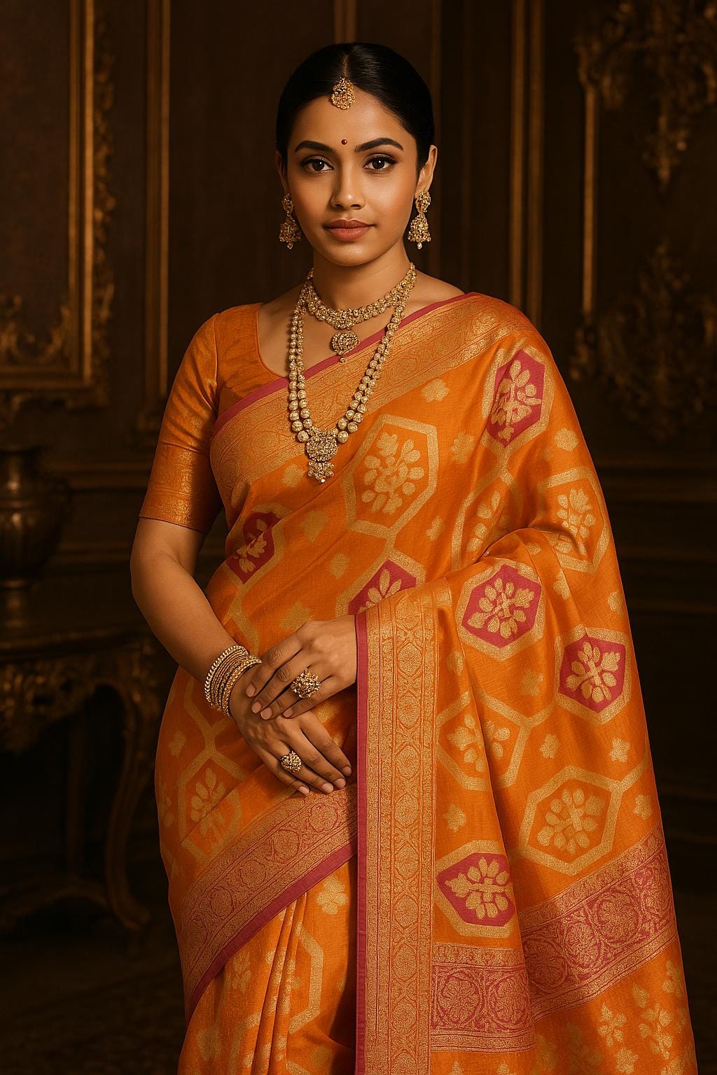 Handwoven Orange Kota Banarasi Saree | Festive & Wedding Wear | Zari Work with Matching Blouse piece Fall and pico done