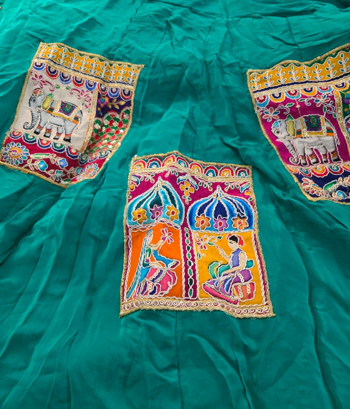 Garba Lehenga Pure Silk | Green Multicolored patches Ethnic Skirt | Navratri Ghagra Choli | Handmade Indian Festival Outfit 10 m flair