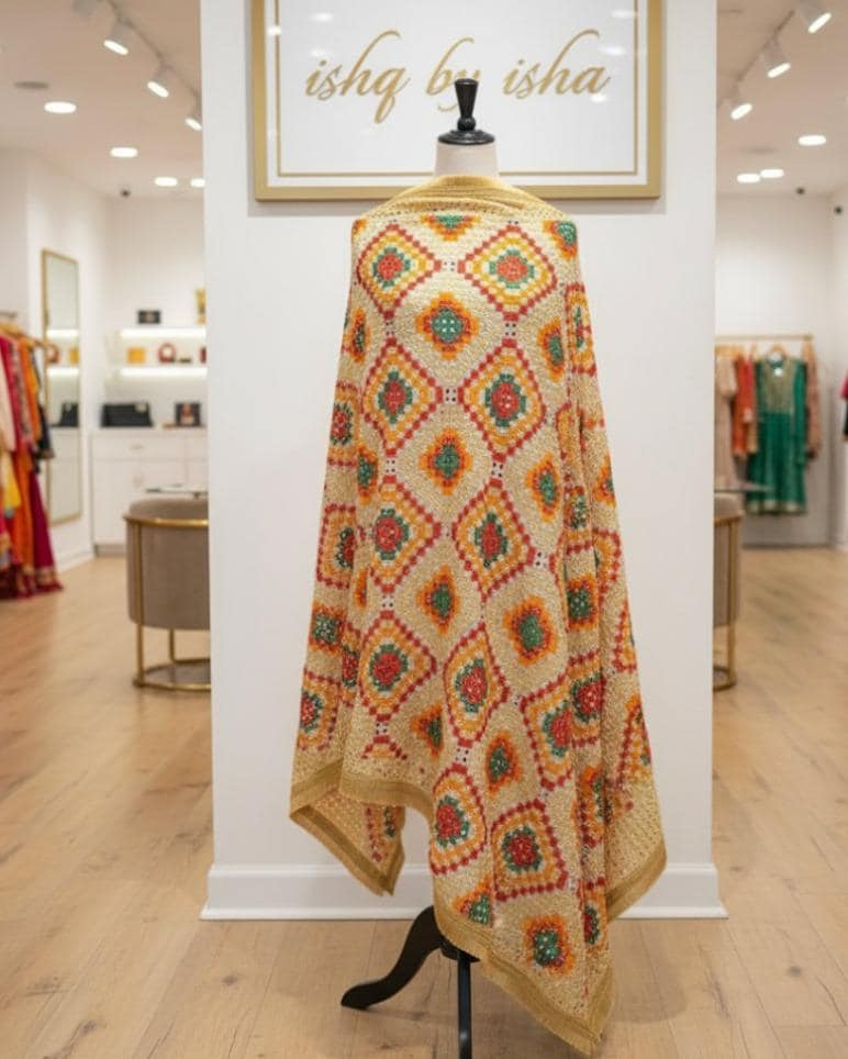 Handmade , Handwoven , Elegant vibrant & Authentic Golden/beige Multicolour Phulkari Dupatta / Indian Scarf. Hand embroidered .