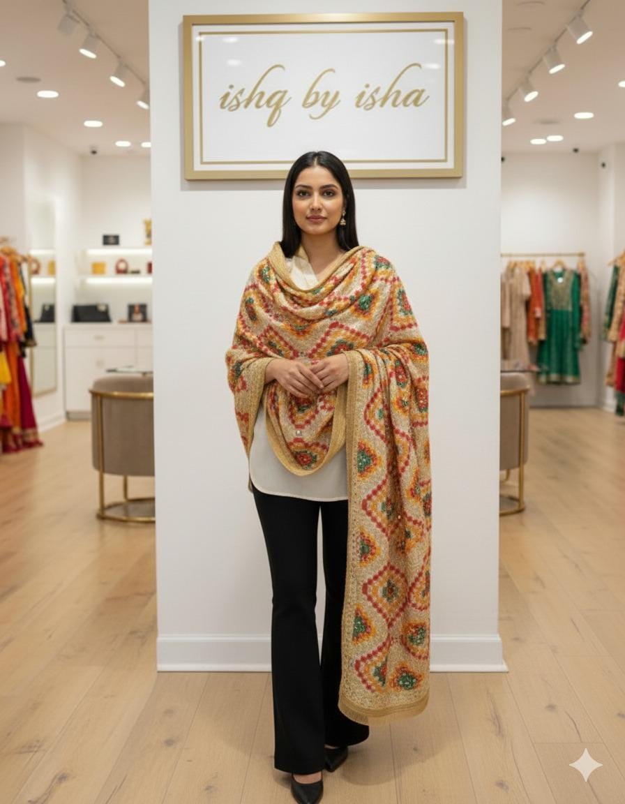 Handmade , Handwoven , Elegant vibrant & Authentic Golden/beige Multicolour Phulkari Dupatta / Indian Scarf. Hand embroidered .