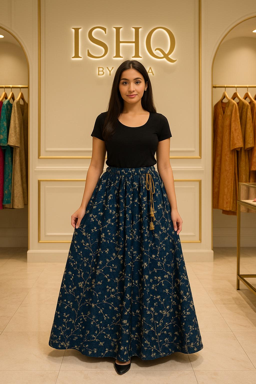 Handcrafted Designer teal blue zari work Skirt | Ethnic Partywear | Ishq by Isha