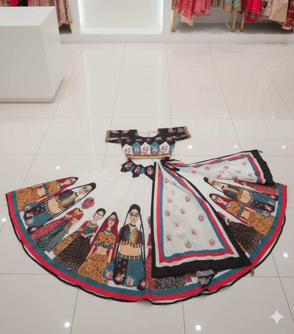Garba Print Lehenga | White Multicolored Ethnic Skirt | Navratri Ghagra Choli | Handmade Indian Festival Outfit