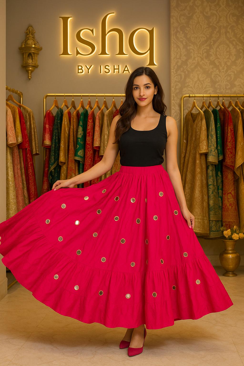Pink Skirt with Artificial Mirror Work 10 m flair | Festive & Party Wear | Ishq by Isha
