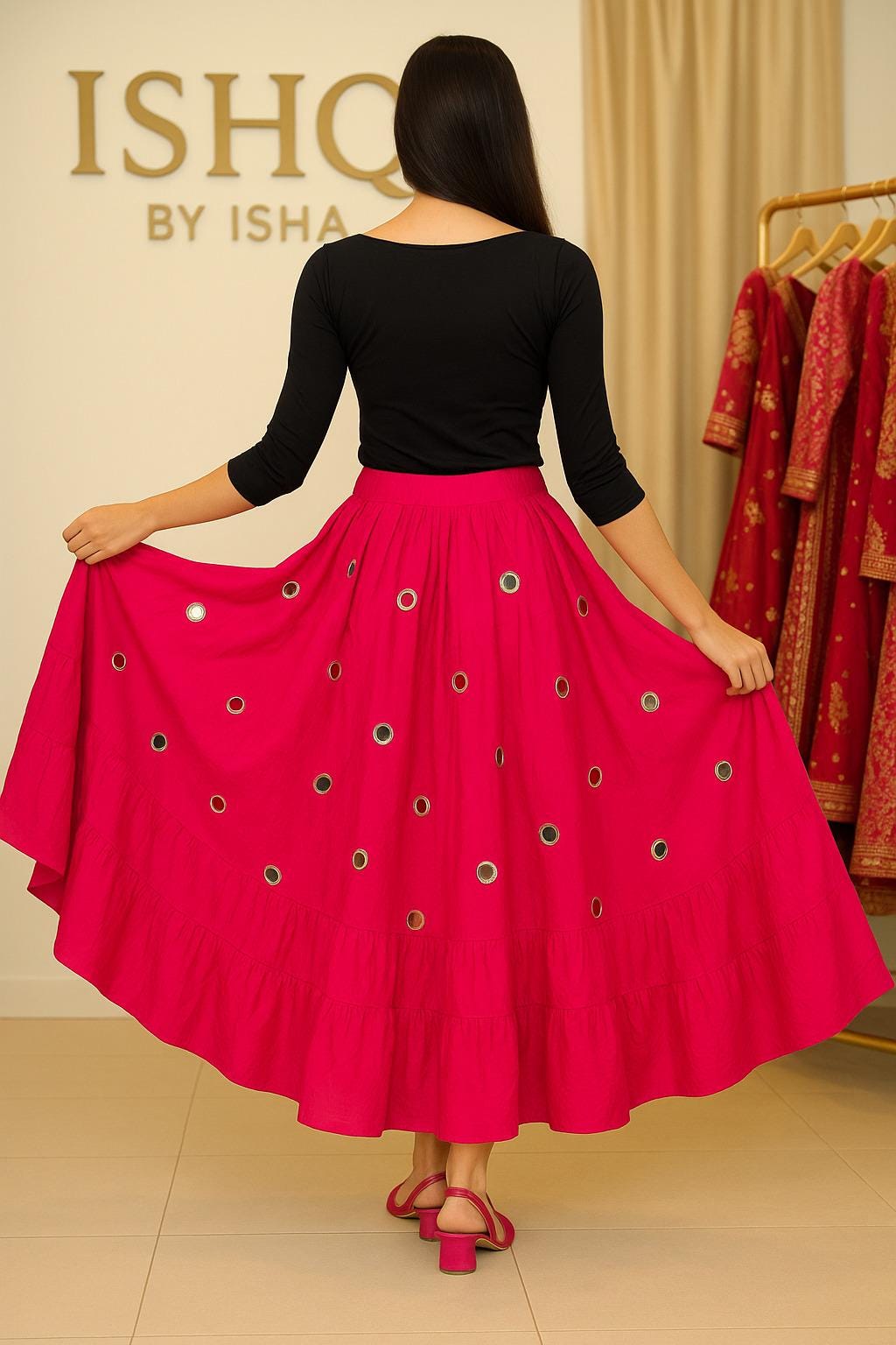 Pink Skirt with Artificial Mirror Work 10 m flair | Festive & Party Wear | Ishq by Isha
