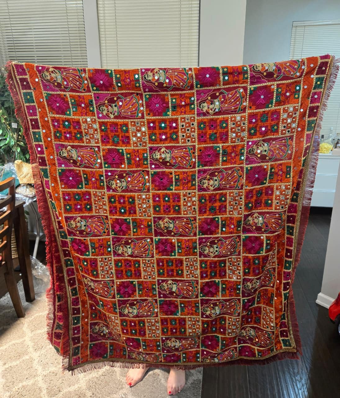 Handmade , Handwoven , Elegant vibrant & Authentic Multicolour Phulkari Dupatta / Indian Scarf. Hand embroidered . Pink orange red
