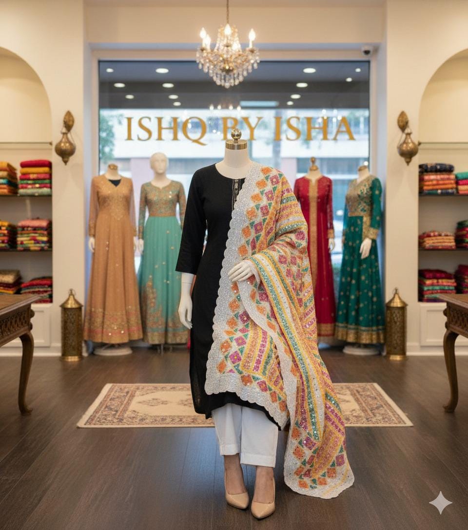 Handmade , Handwoven , Elegant vibrant & Authentic white Multicolour Phulkari Dupatta / Indian Scarf. Hand embroidered .
