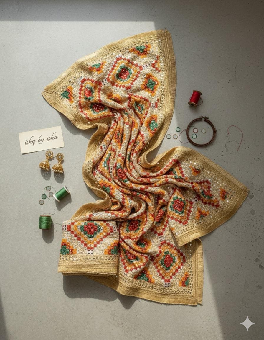 Handmade , Handwoven , Elegant vibrant & Authentic Golden/beige Multicolour Phulkari Dupatta / Indian Scarf. Hand embroidered .