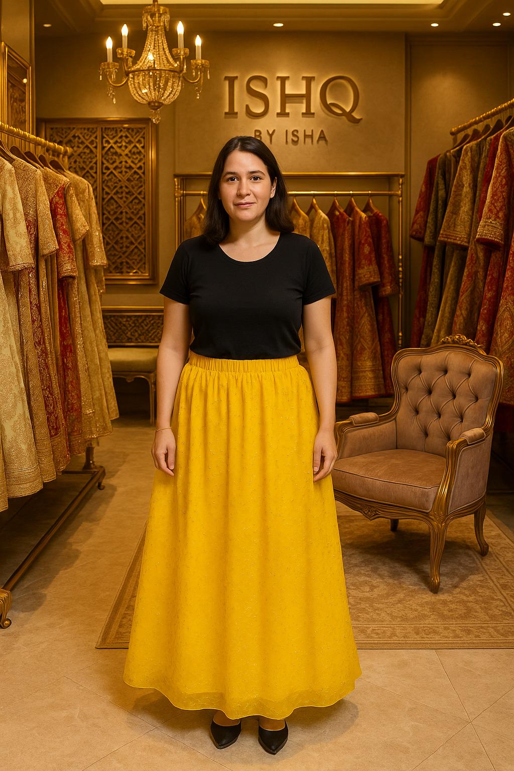 Handcrafted Designer onion yellow colour mukaish Skirt | Ethnic Partywear | Ishq by Isha