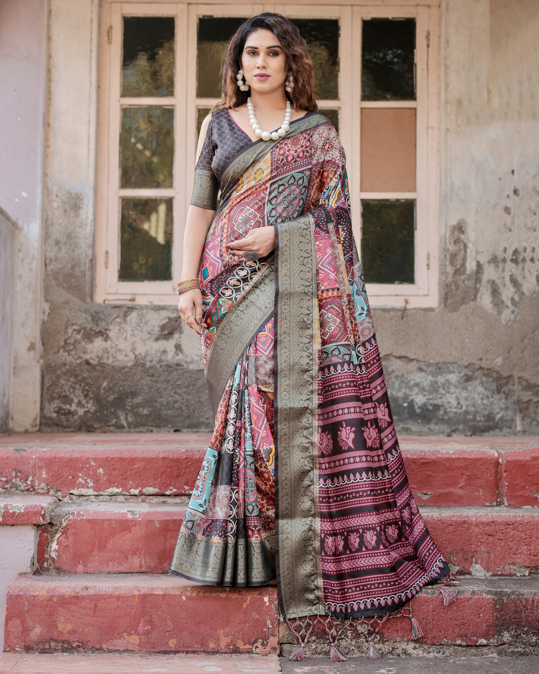 Digital Kalamkari printed tussar silk saree with zari motif border