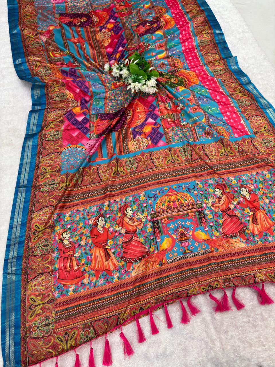 Munga silk saree with kalamkari printed work and zari border