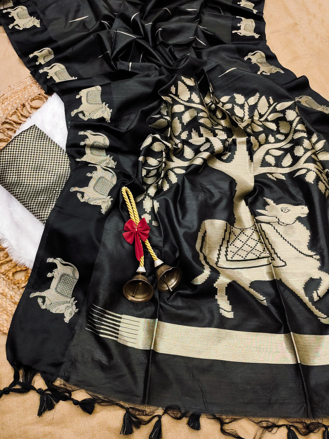 Khadi raw silk saree with zari weaving cow pallu and border