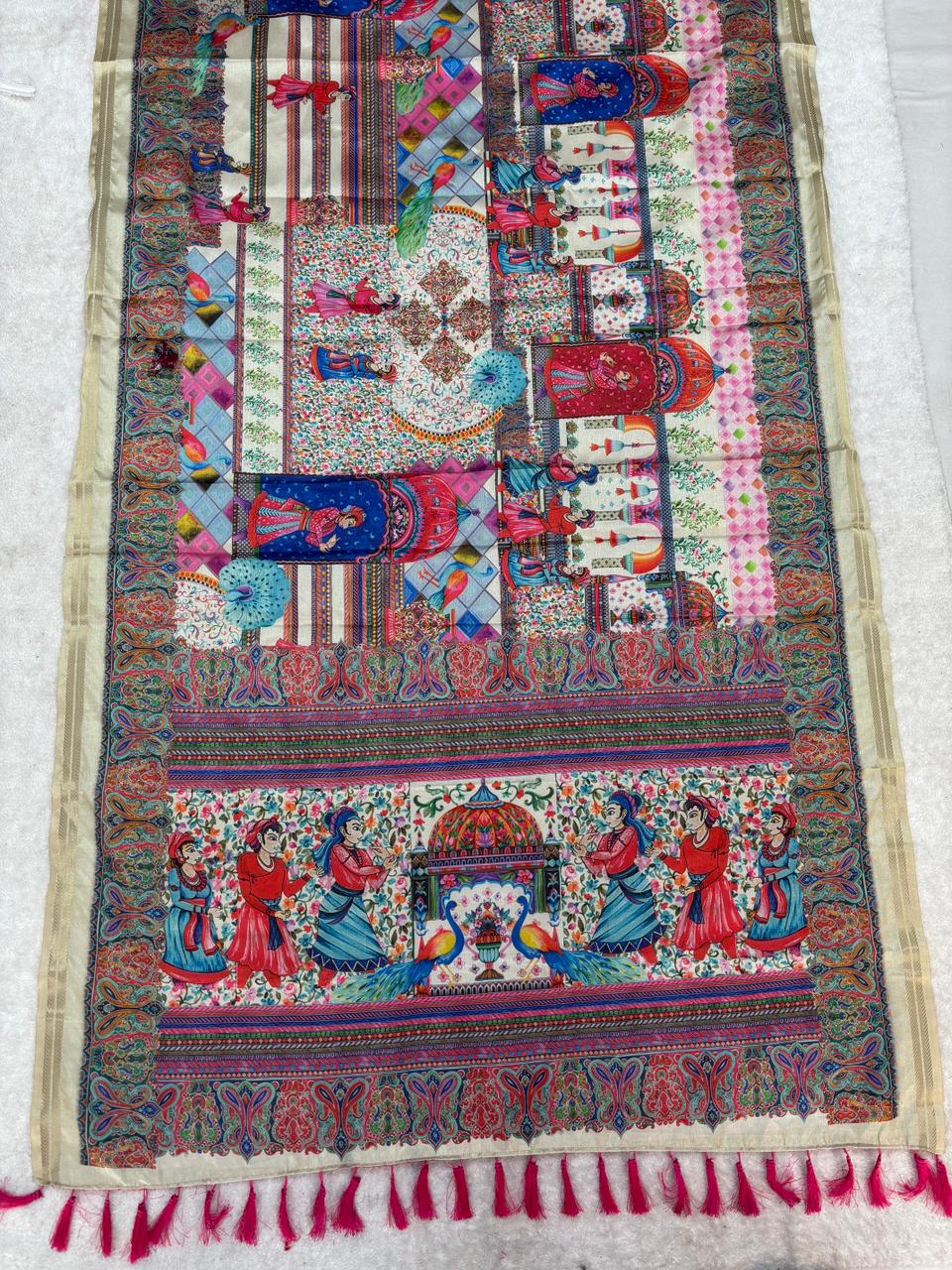 Munga silk saree with kalamkari printed work and zari border