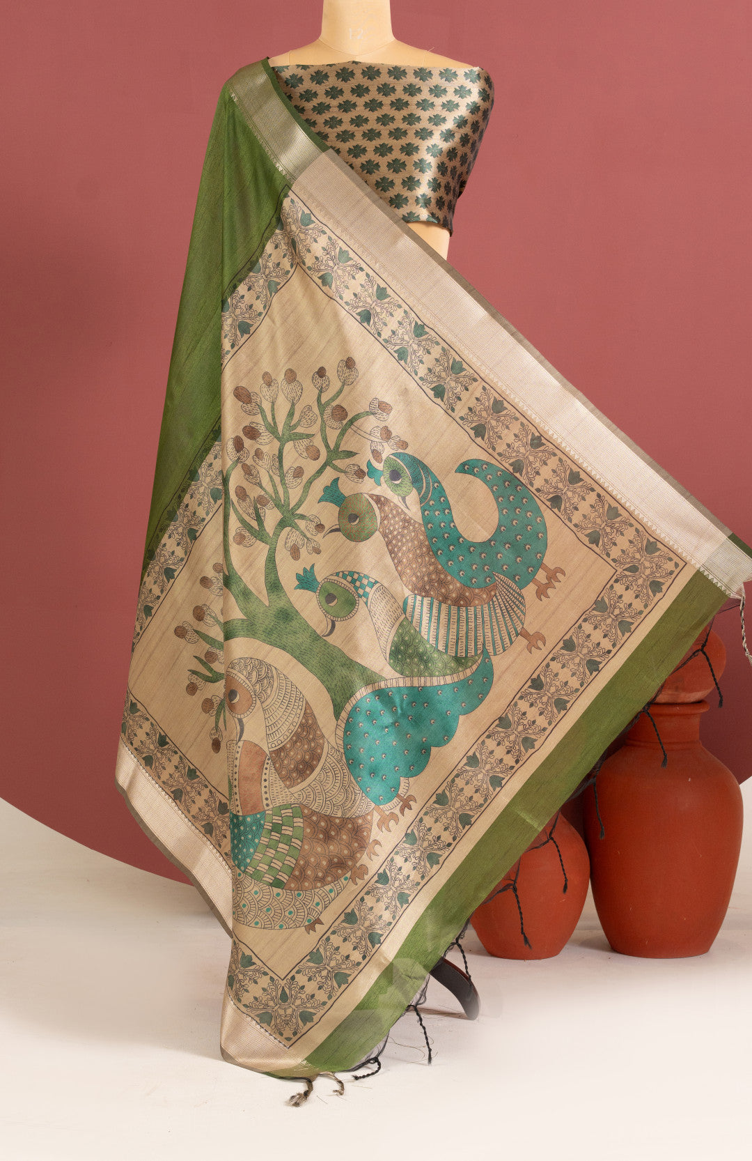 Khadi raw silk saree with kalamkari printed work