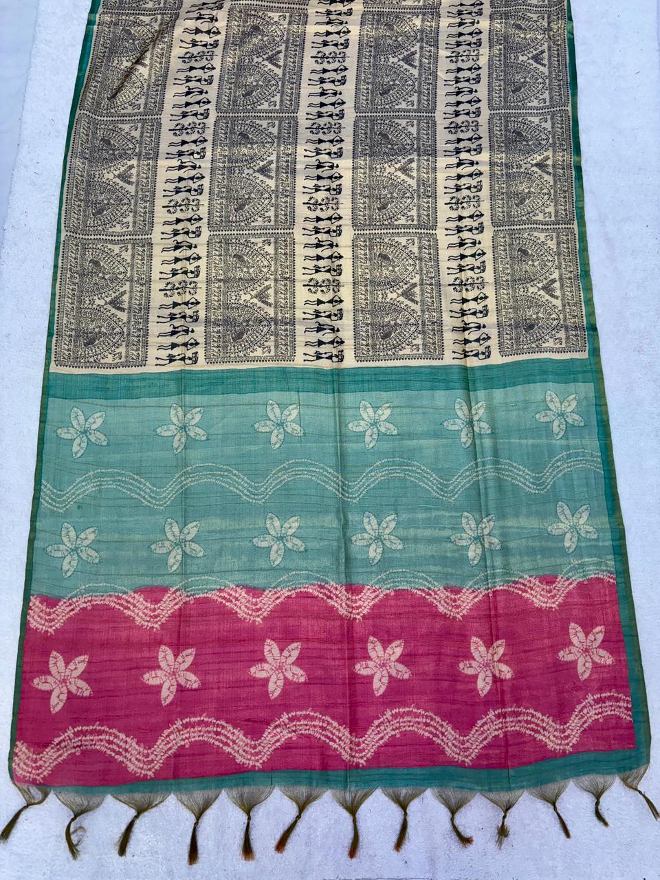 Soft tissue tussar silk saree with warli printed work