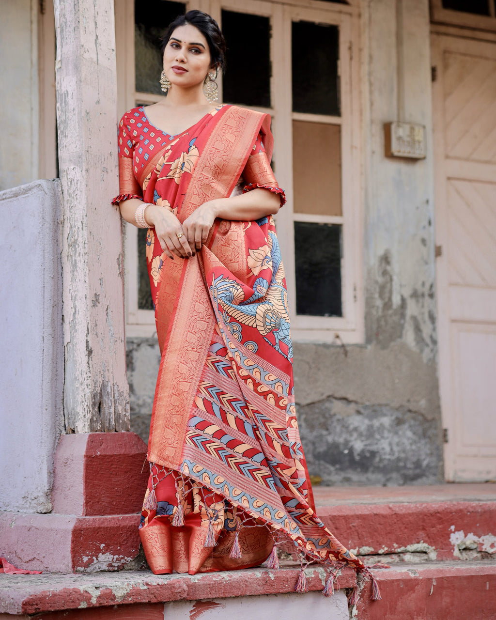 Digital Kalamkari printed tussar silk saree with zari motif border