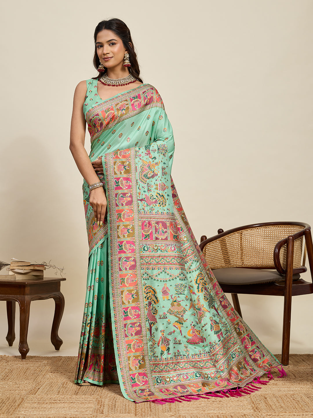 Pashmina silk saree with meenakari weaving work