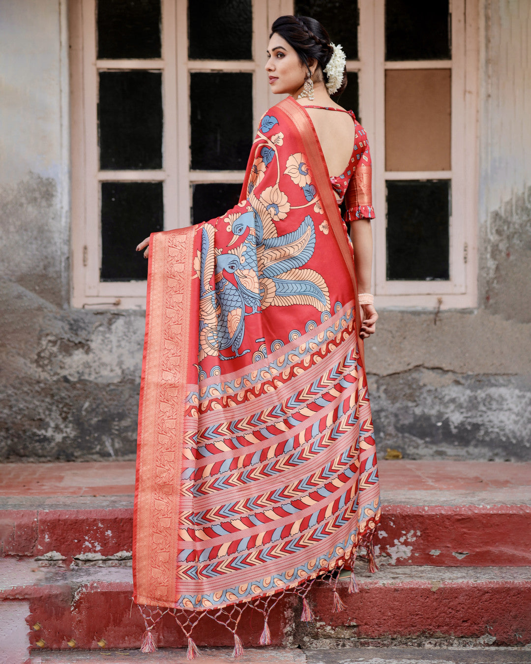 Digital Kalamkari printed tussar silk saree with zari motif border