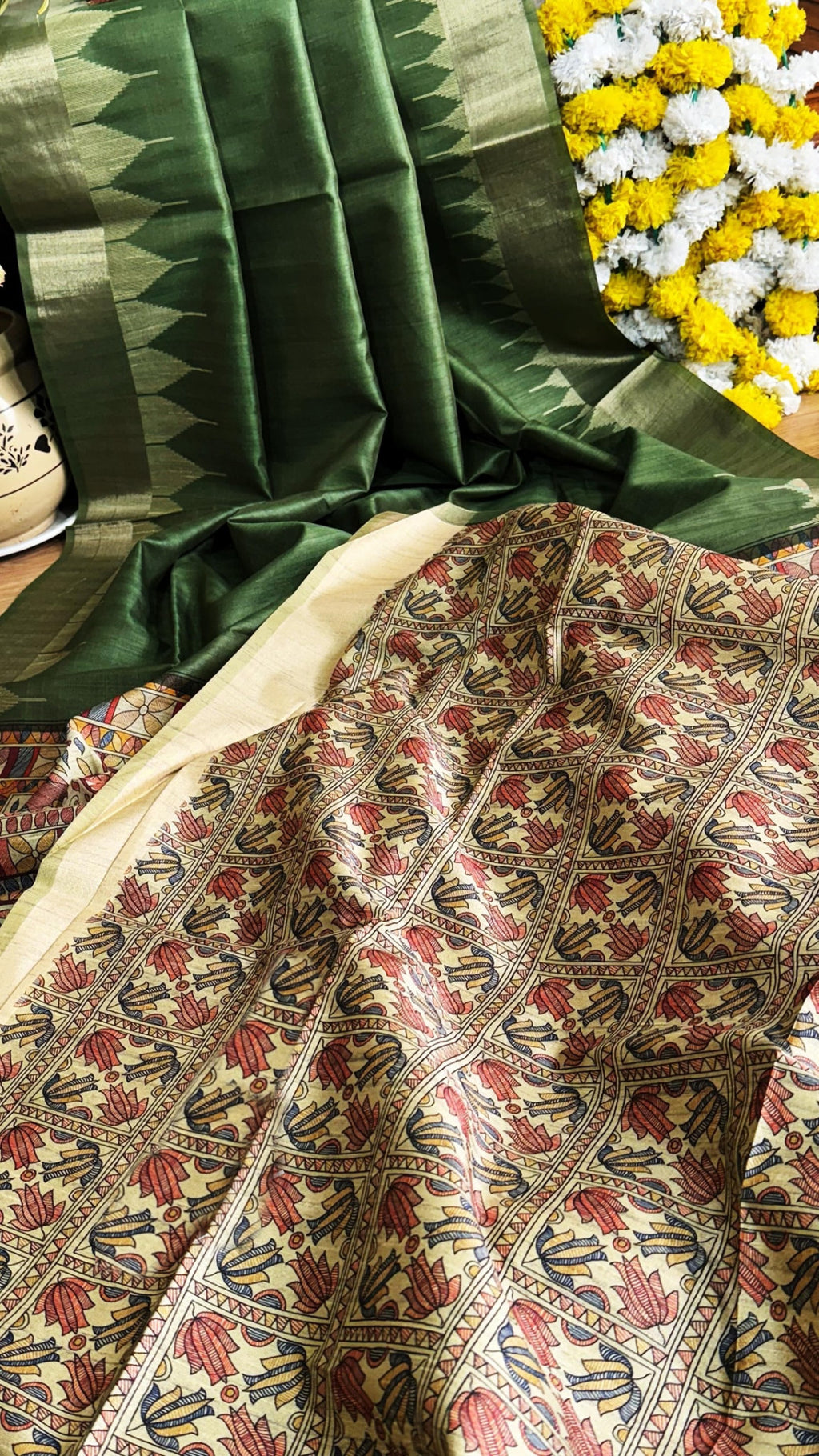 Traditional madhubani printed soft tussar silk saree