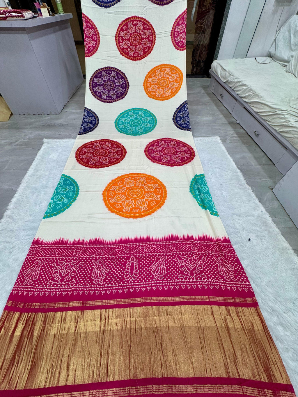 Multi color pure gajji silk saree with bandhej print and lagadi pallu work
