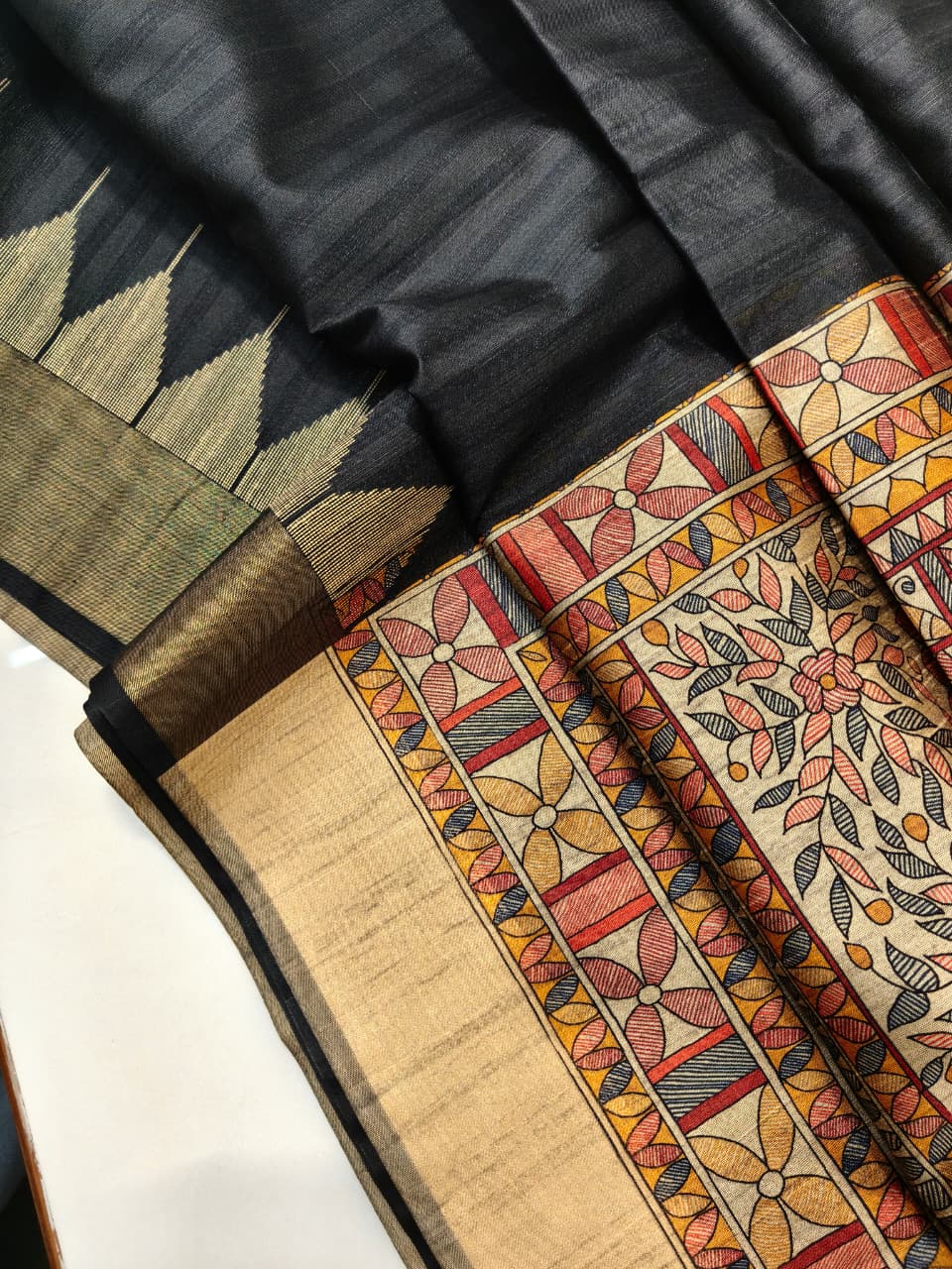 Traditional madhubani printed soft tussar silk saree