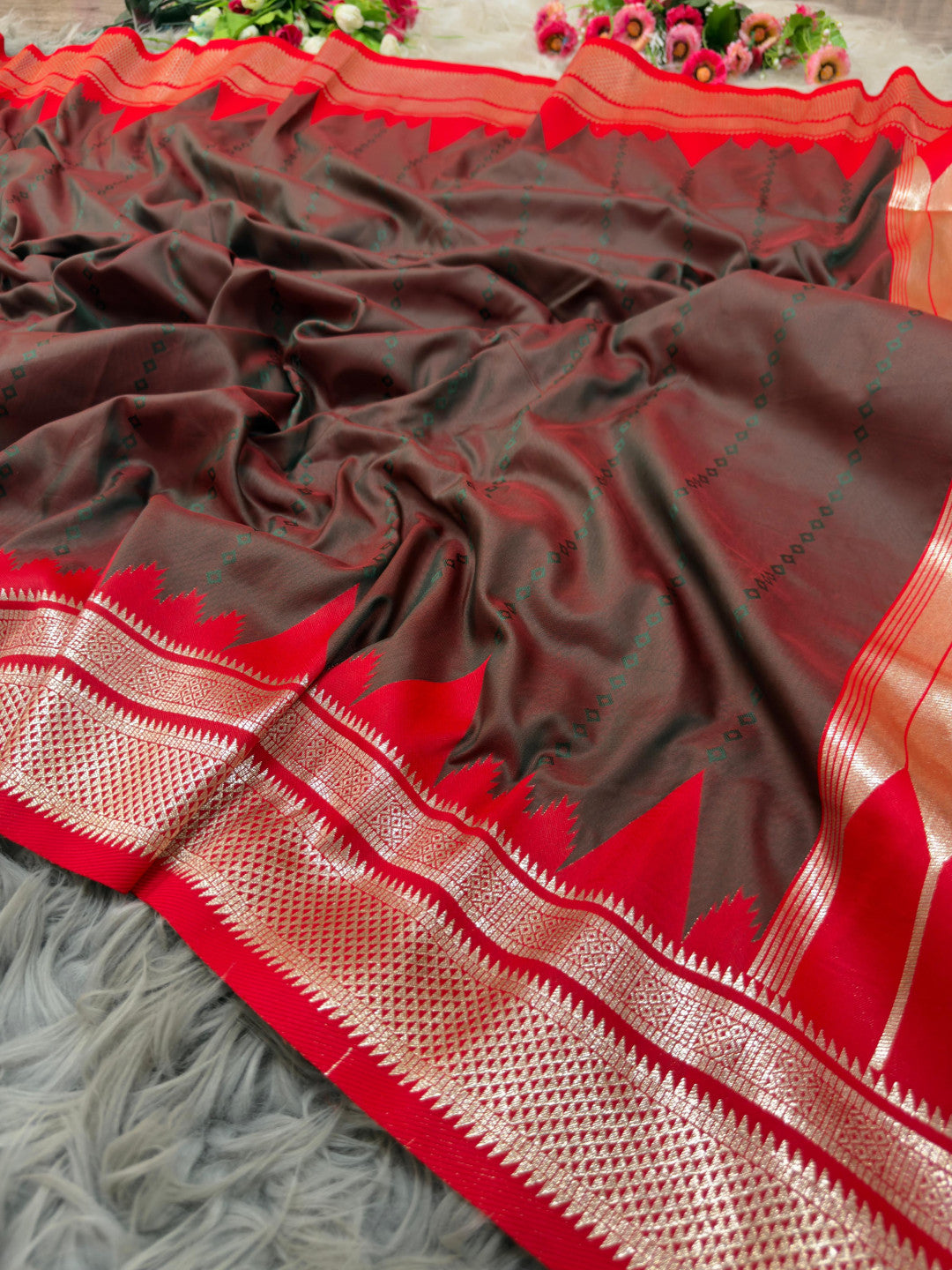 Ikkat temple border banarasi silk saree with zari weaving work