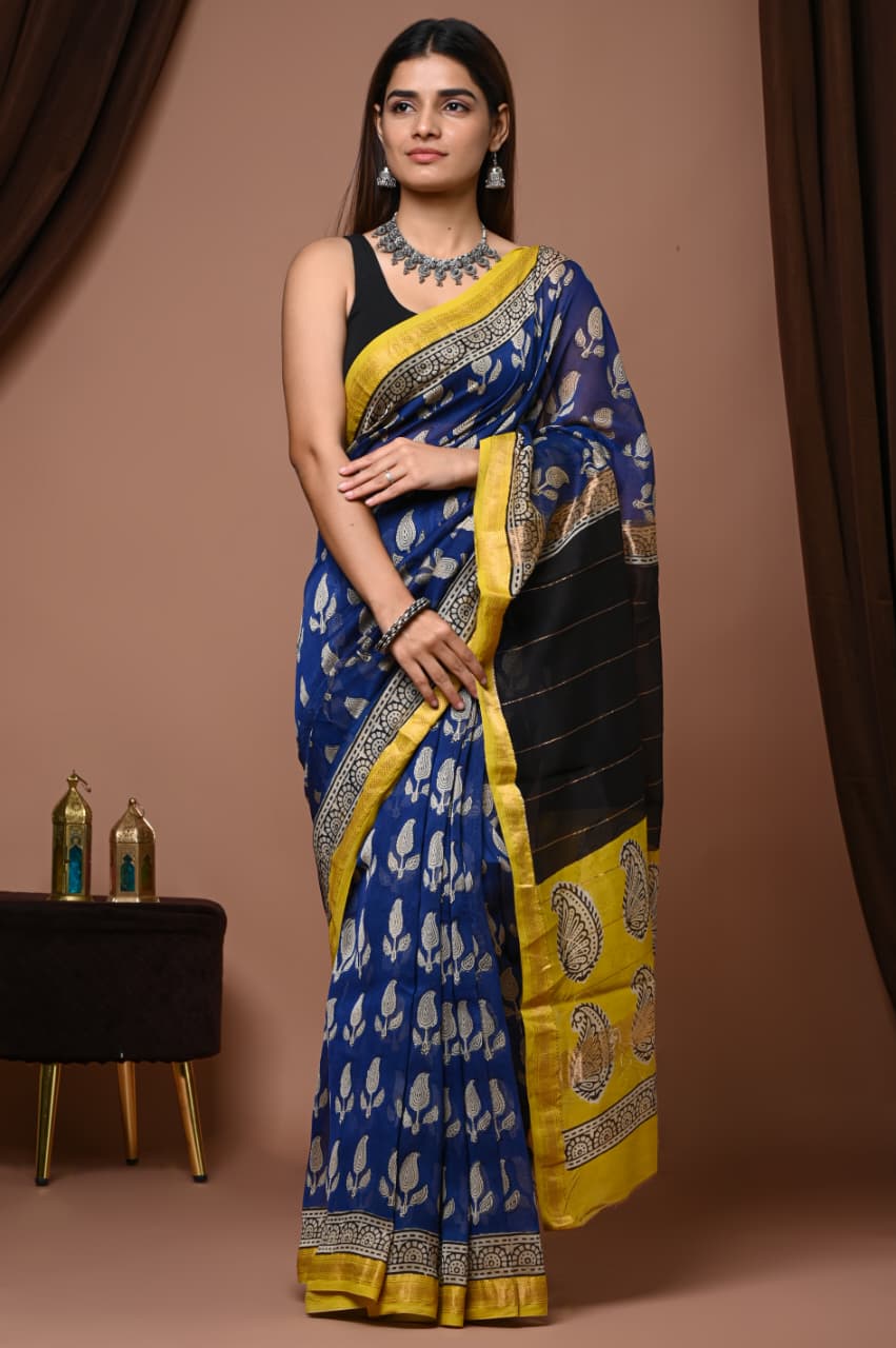 Multi color pure maheswari silk saree with pure hand block printed work