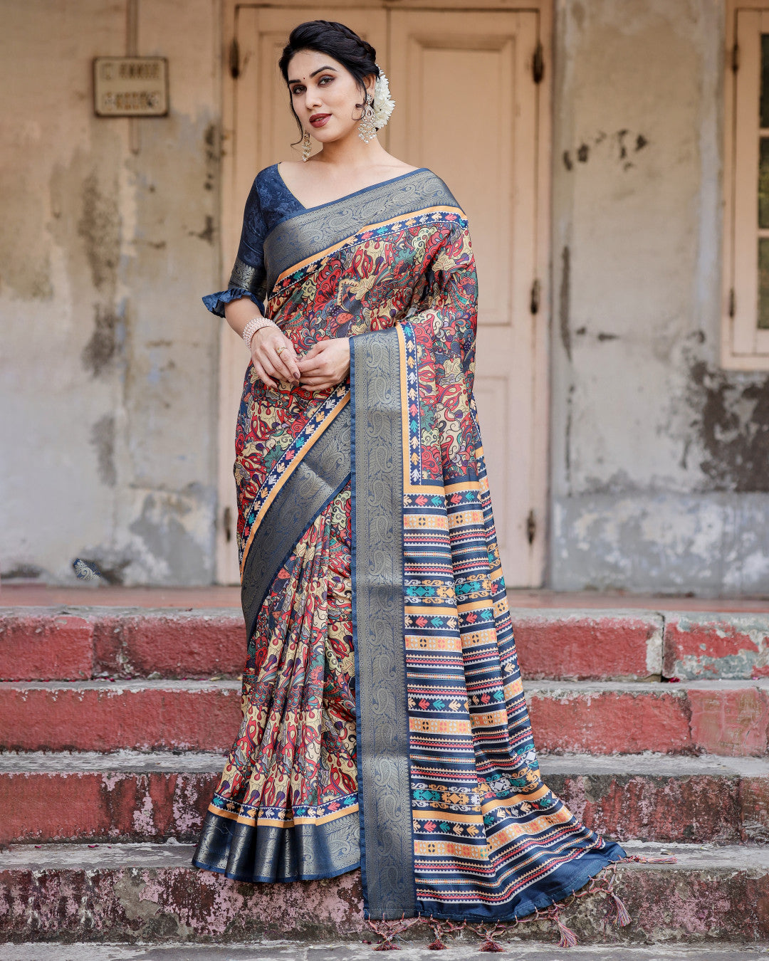 Digital Kalamkari printed tussar silk saree with zari motif border