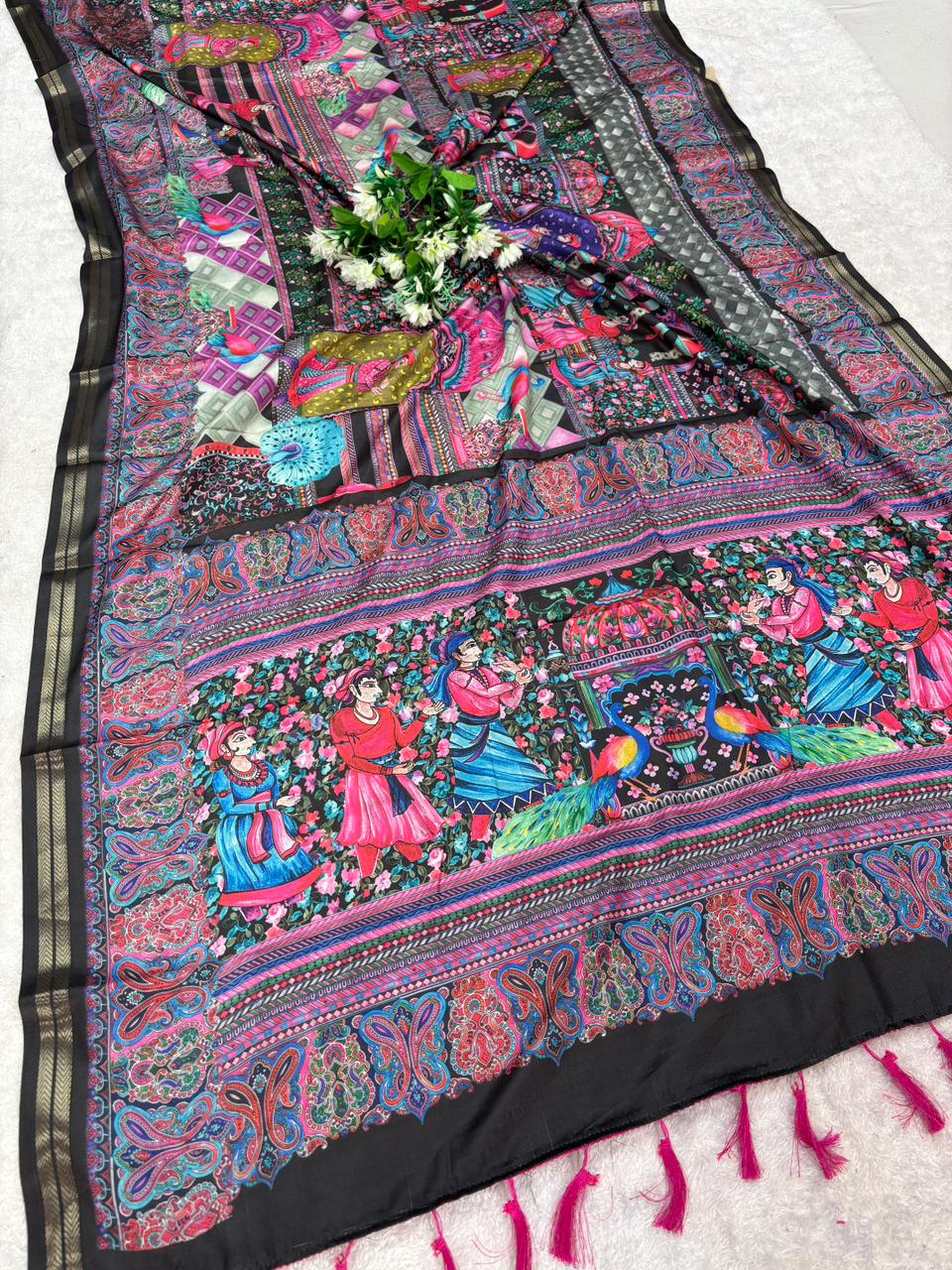 Munga silk saree with kalamkari printed work and zari border