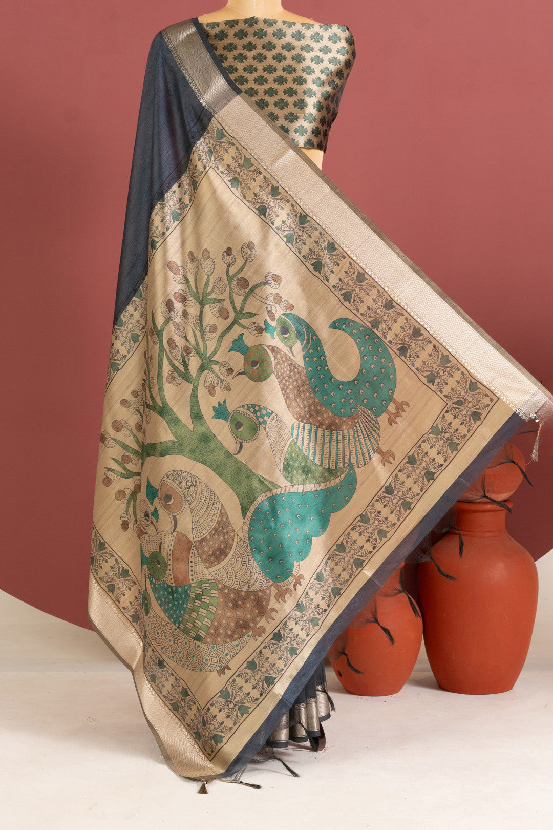 Khadi raw silk saree with kalamkari printed work