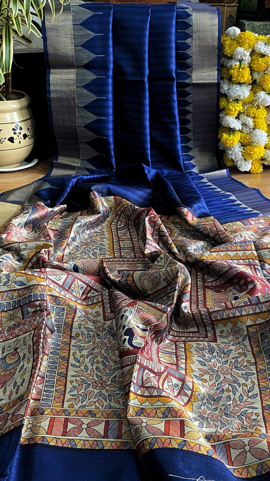 Traditional madhubani printed soft tussar silk saree