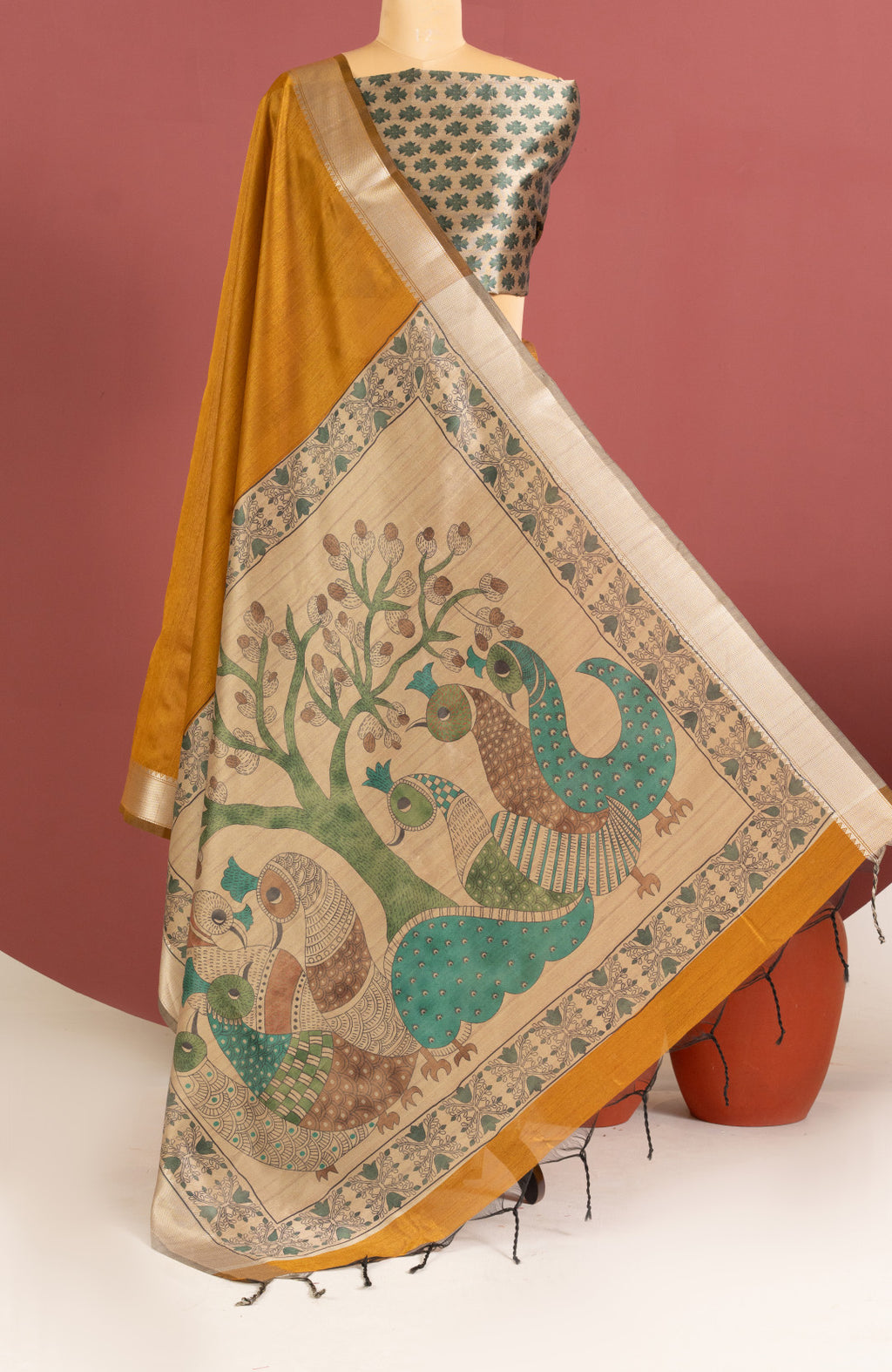 Khadi raw silk saree with kalamkari printed work