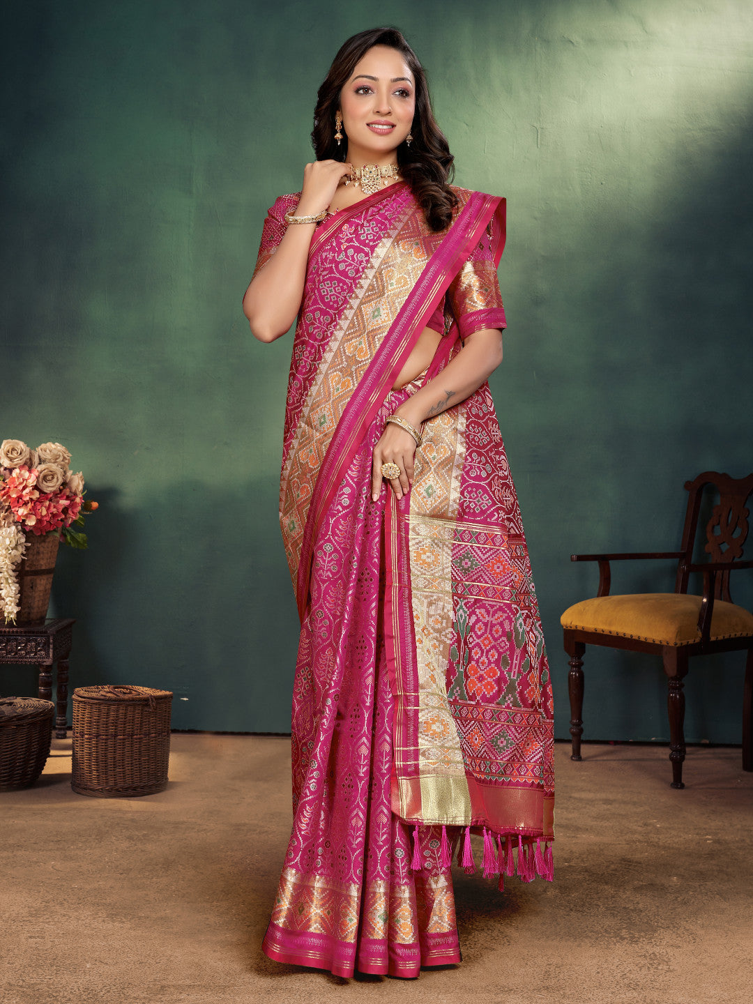 Ikkat patola silk saree with zari weaving work