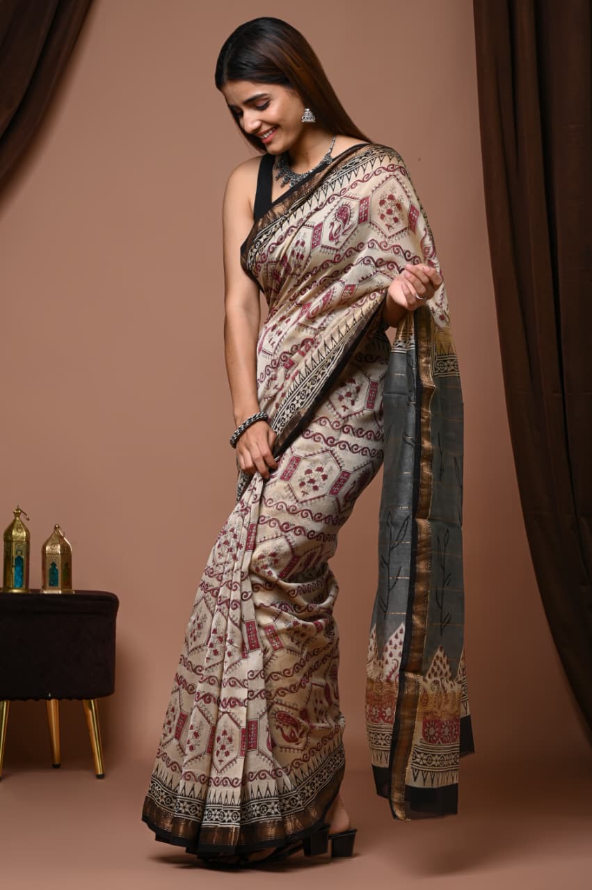 Multi color pure maheswari silk saree with pure hand block printed work