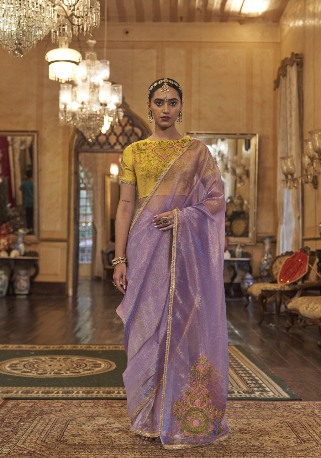 Purple color gold soft tissue silk saree with multi thred embroidery work